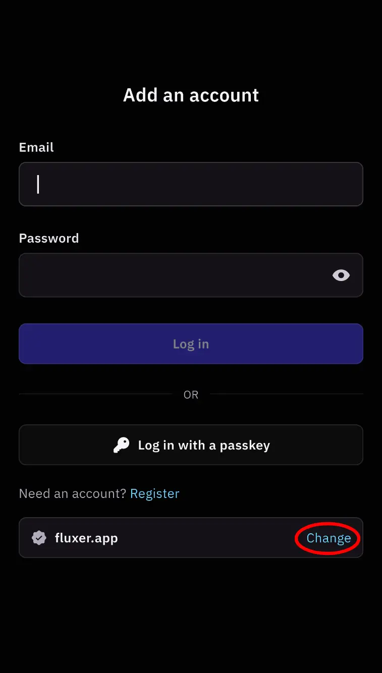 Login screen with the Change instance button circled